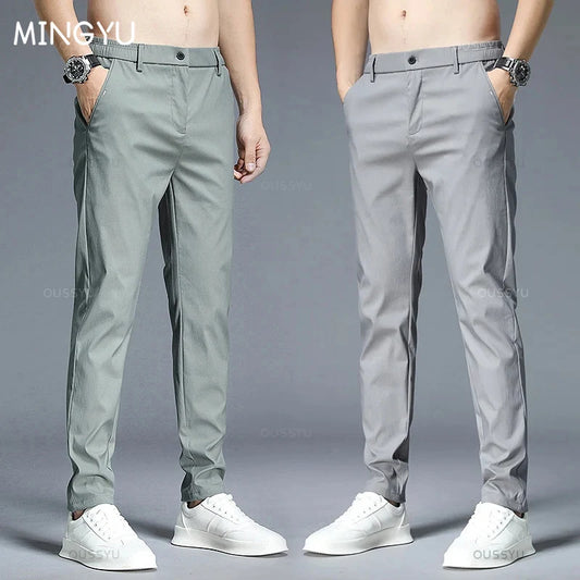 Summer Casual Pants for Men - Thin Stretch Slim Fit, Elastic Waist Business Classic Korean Style Work Cotton Trousers