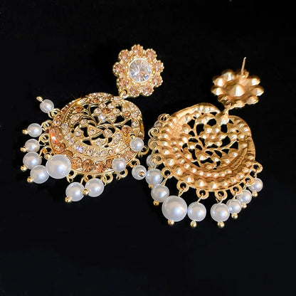 Medieval Vintage Hollowed Out Rhinestone Flower Pearl Tassel Drop Earrings - French Retro Court Style High-end Jewelry