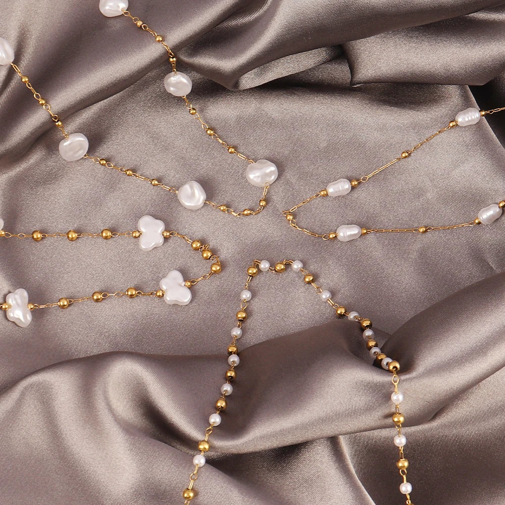 Stainless Steel Imitation Pearl Chain Necklace for Women - Fashion Gold Color Beads Jewelry