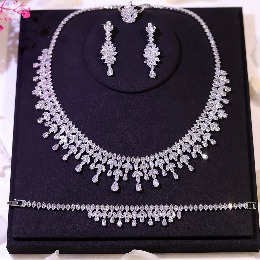 Leaf Design Bridal Necklace and Earring Set - 5A Cubic Zirconia