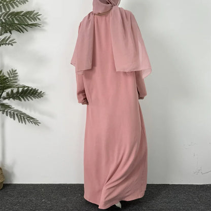 Women Long Dresses Ramadan Crew Neck Kaftan, Solid Elegant Long Sleeve Muslim Abaya Loose Maxi Dress, Women's Clothing