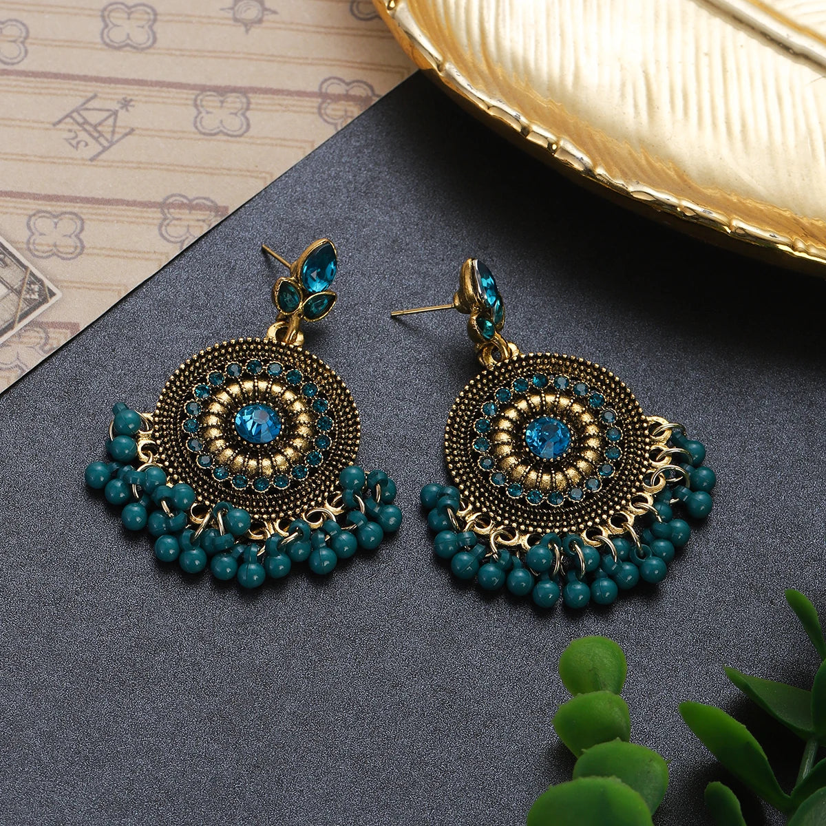 Vintage Crystal Flower Round Pendant Earrings - Ethnic Gold Indian Jhumka with Beads and Tassel