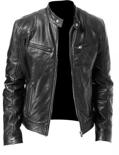 Men's Stand Collar Slimming Leather Jacket Zipper Pocket Decoration, Leather Motorcycle Coat