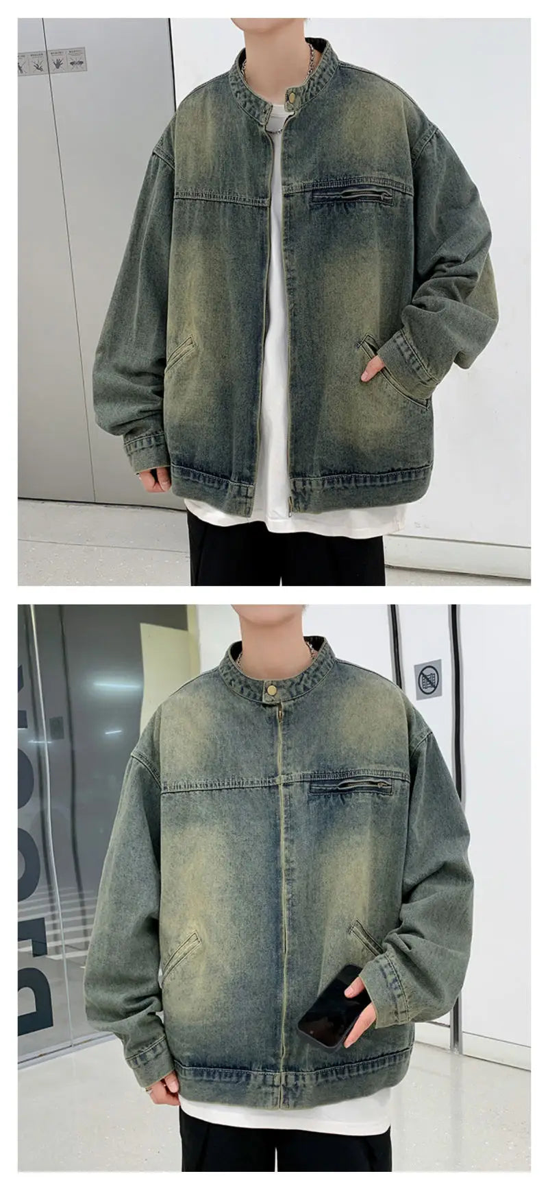 American Motorcycle Washed Denim Jacket Men Women Retro Zipper Design Gradient Baseball Jackets Unisex Stand Collar Cargo Coat