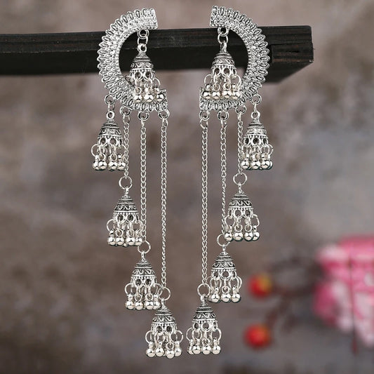 Afghan Women Silver Color Indian Earrings - Half Moon Gypsy Vintage Boho Tribe Bells Long Tassel Drop Jhumka Jewelry