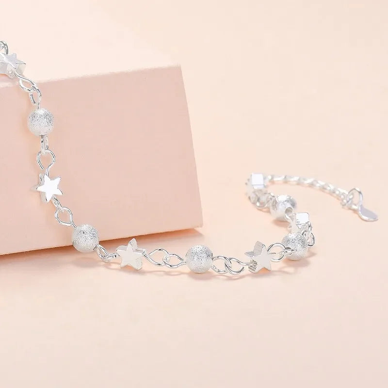 925 Sterling Silver Stars Bracelets For Women Fashion Korean Designer Frosted Bead Bracelet Beautiful Party Wedding Jewelry Gift