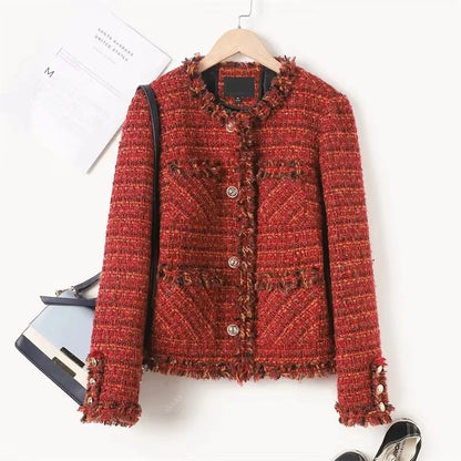 New Autumn Jacket French High end Temperament Red Fragrant Coat Women Short Thick Tweed Outwear Female Cropped Jacket Tops