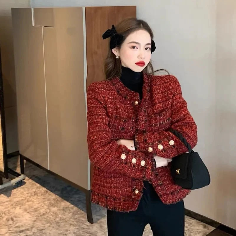 New Autumn Jacket French High end Temperament Red Fragrant Coat Women Short Thick Tweed Outwear Female Cropped Jacket Tops