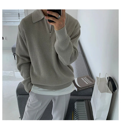 1970s Retro Lazy Style Men Half-zipper Wool Sweater Loose Casual Line Clothing Autumn Winter Edition Teens Adults