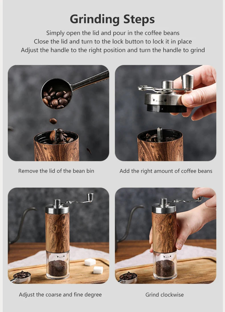 Portable Stainless Steel Manual Coffee Grinder Wood Grain Hand Coffee Bean Mill Espresso Coffee Maker with Ceramic Burrs