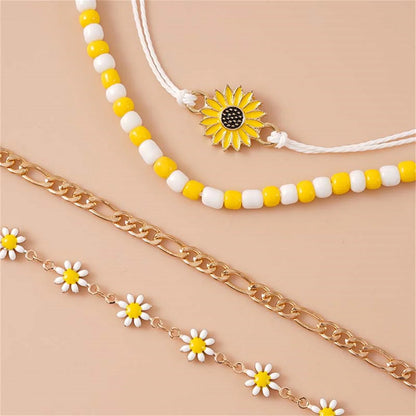 Multilayer Sweet Daisy Flower Anklets - Sparkling Chain with Sunflower Floral Boho Foot Chain, Barefoot Ankle Bracelet Jewelry