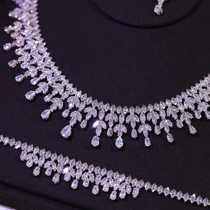 Leaf Design Bridal Necklace and Earring Set - 5A Cubic Zirconia