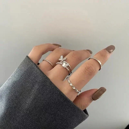 Silver Color Hollowed Heart Shape Open Ring Set Design Cute Fashion Love Jewelry For Women Girl Gifts Adjustable Birthday Party