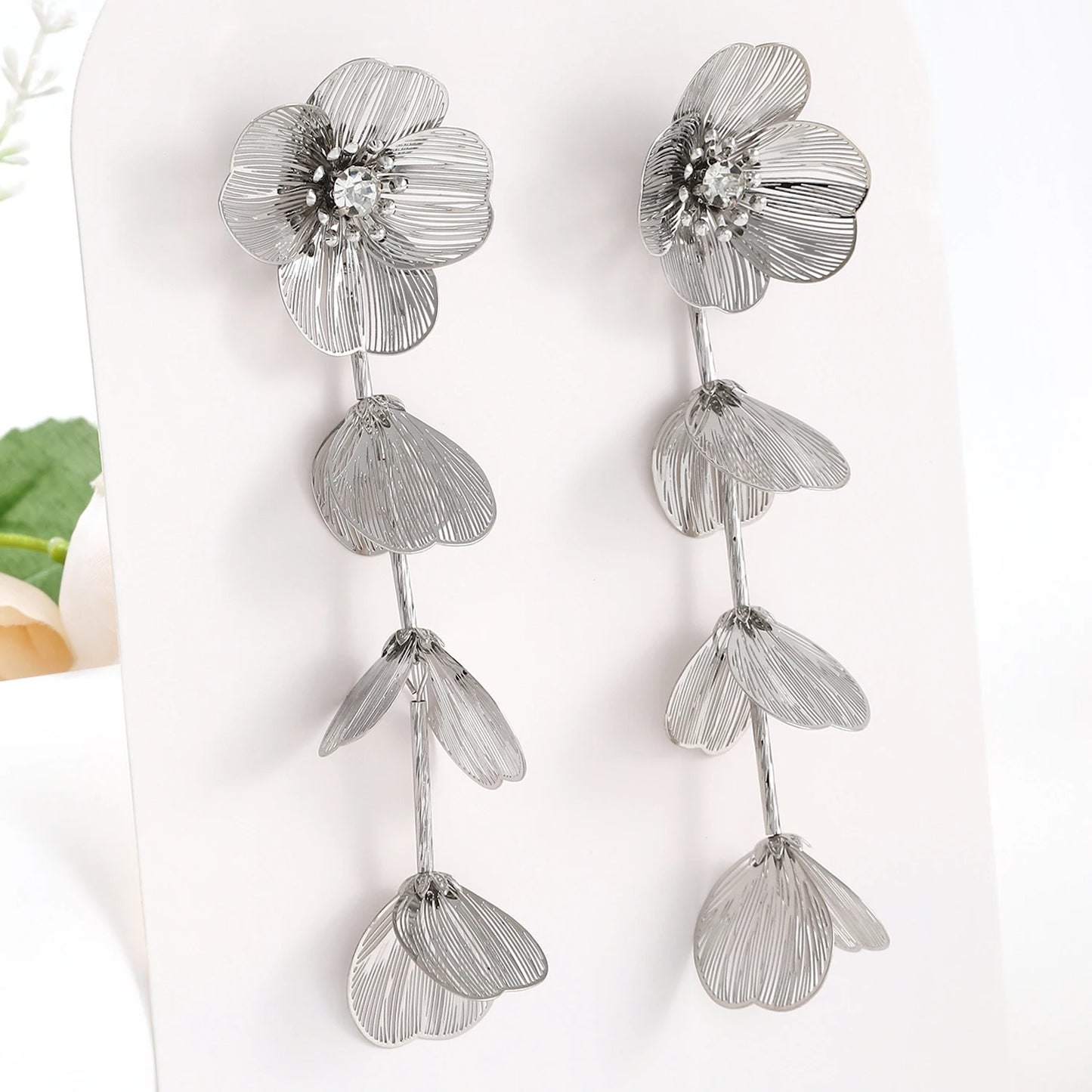 Fashion Rhinestone Flower Pendant Long Tassel Earrings - Trendy Exaggerated Hanging Earrings, Perfect Party Jewelry Accessories