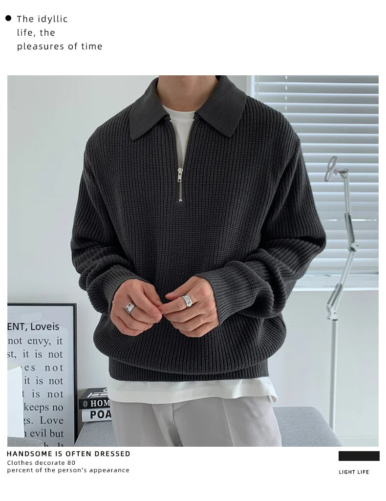 1970s Retro Lazy Style Men Half-zipper Wool Sweater Loose Casual Line Clothing Autumn Winter Edition Teens Adults