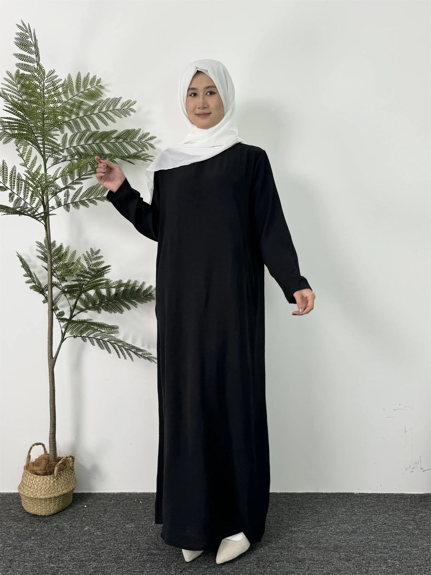 Women Long Dresses Ramadan Crew Neck Kaftan, Solid Elegant Long Sleeve Muslim Abaya Loose Maxi Dress, Women's Clothing