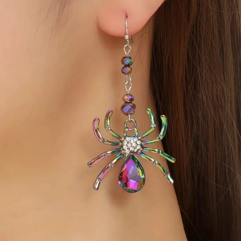 Colorful Spider Design Shiny Artificial Crystal Inlaid Dangle Earrings for Women Punk Metal Spider Earrings Halloween Jewelry