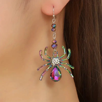 Colorful Spider Design Shiny Artificial Crystal Inlaid Dangle Earrings for Women Punk Metal Spider Earrings Halloween Jewelry