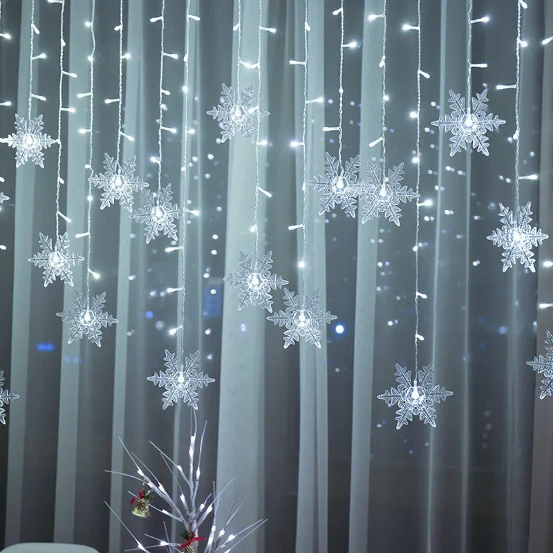 Christmas Decorations 2024 Snowflake Window Curtain Garlands Led Icicle Fairy Lights Flashing 8 Modes EU-Plug New Year