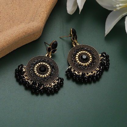 Vintage Crystal Flower Round Pendant Earrings - Ethnic Gold Indian Jhumka with Beads and Tassel