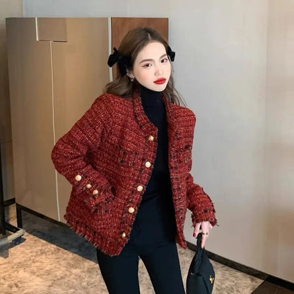 New Autumn Jacket French High end Temperament Red Fragrant Coat Women Short Thick Tweed Outwear Female Cropped Jacket Tops