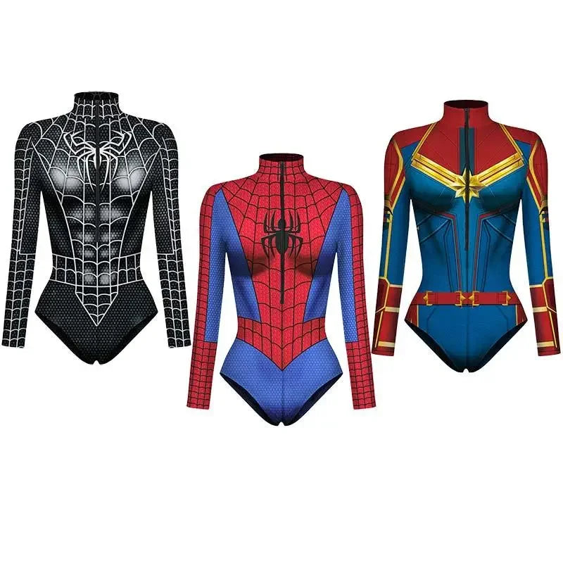 Spiderman Captain Superhero Swimsuit for Women Men 3D Print Long Sleeve Swim Bodysuit Cosplay Jumpsuit Halloween Carnival Outfit