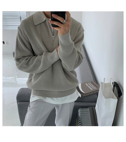 1970s Retro Lazy Style Men Half-zipper Wool Sweater Loose Casual Line Clothing Autumn Winter Edition Teens Adults