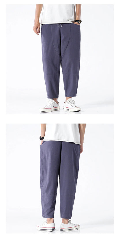 100% Cotton Summer Casual Pants for Men - Trendy Japanese Style Cropped Loose-Fit Pants, Available in Size 5XL