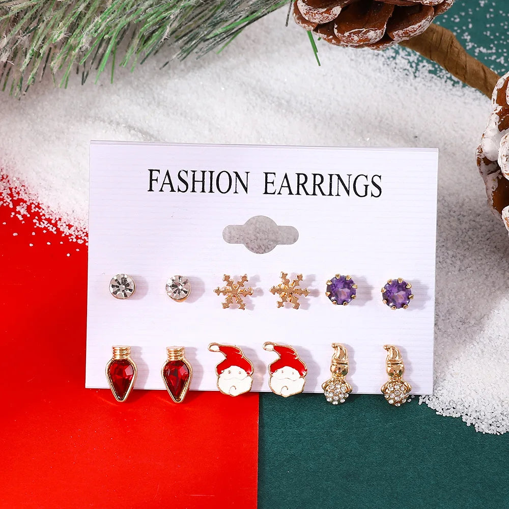 6 pairs/lot Christmas Earrings Xmas Tree Elk Snowman Santa Claus Cute Stud Earrings Set Kit Christmas Gifts For Women Girls Kids