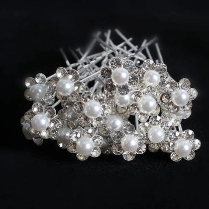 10 Pcs Fashion Wedding Bridal Pearl Flower and Clear Crystal Rhinestone Hair Pins