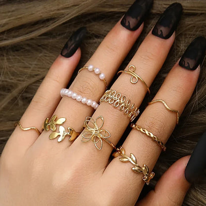 Bohemian Wave Flower Rings Set For Women Vintage Geometric Pearl Butterfly Metal Chain Knuckle Rings 2024 Trendy Jewelry Gift