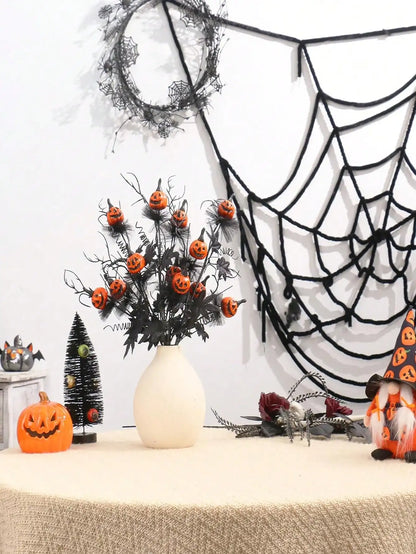 1pc Halloween Decorations, 18.5Inch Artificial Pumpkin Maple Leaf Floral Stems Decoration Black Scary Pumpkin Bouquet