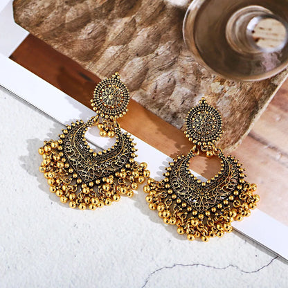 Boho Vintage Gold Heart Shape Dangle Earrings - Ethnic Indian Jhumka with Flower Pearl Tassel