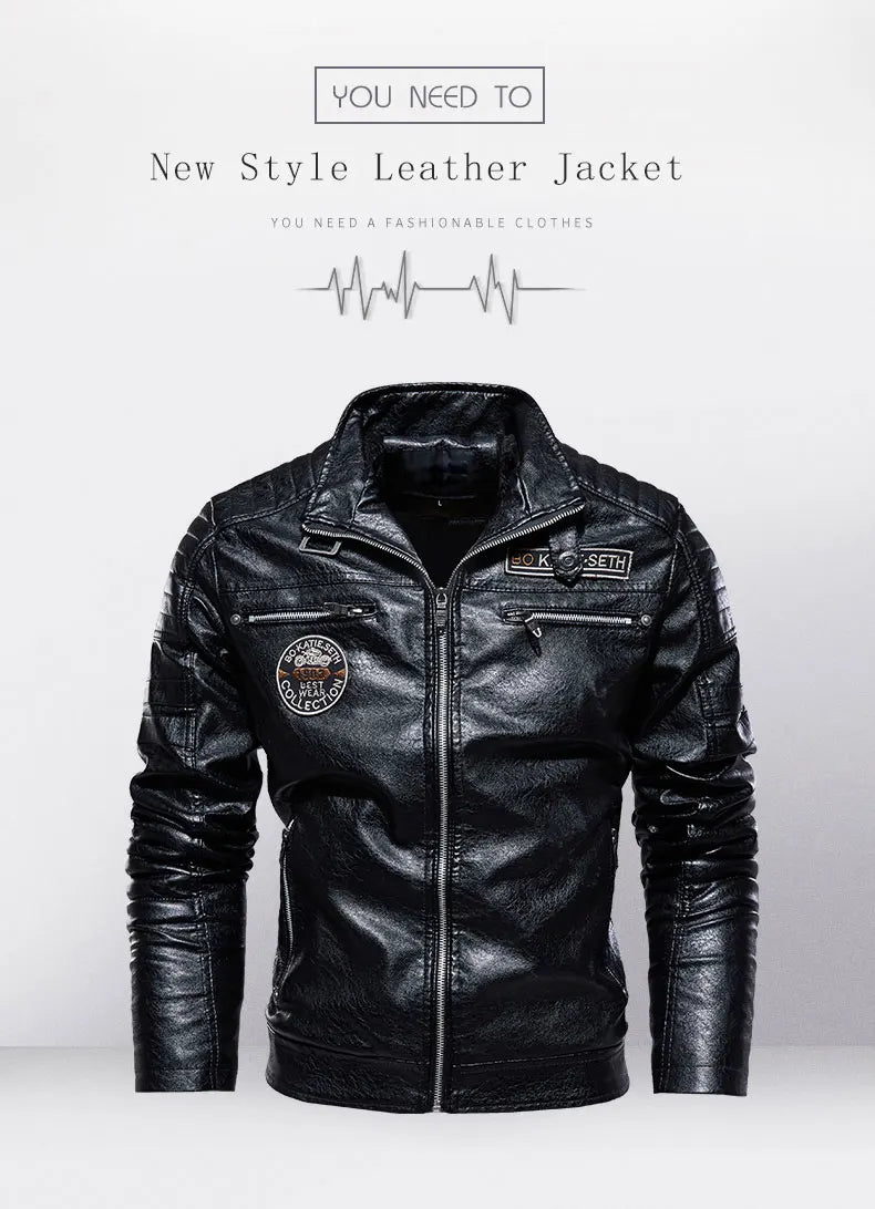 Leather Jacket Men Winter Fleece Motorcycle Faux Leather Jacket Removable Fur Collar Windbreaker, Slim Coat