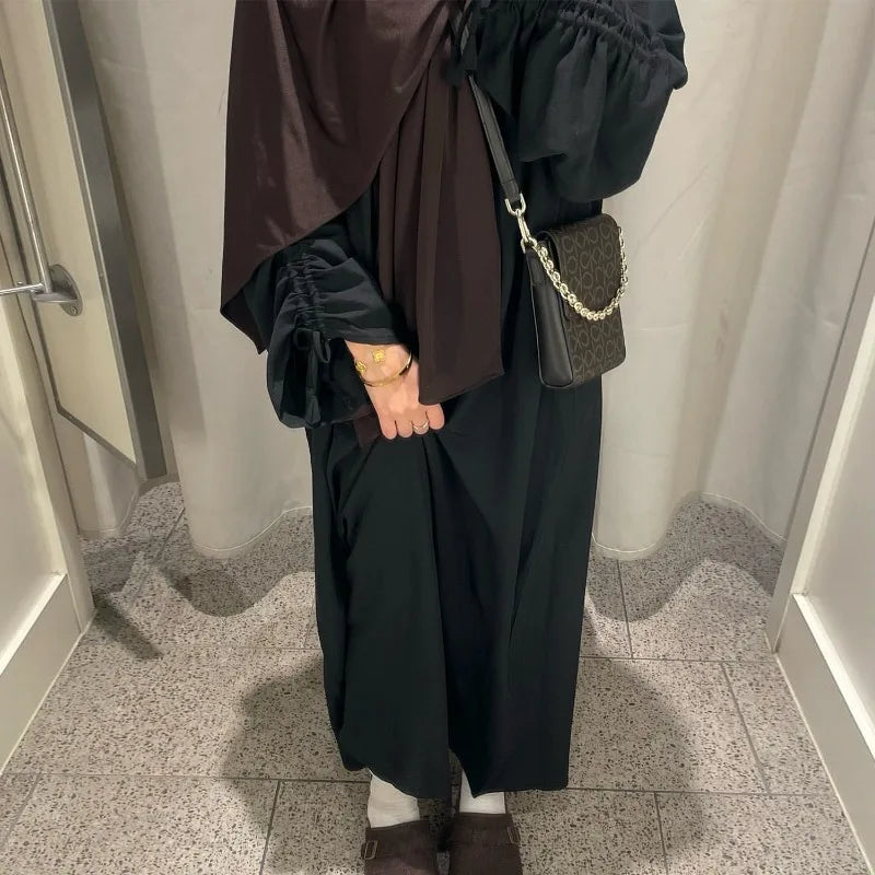 Saudi Arabia Muslim Wiomen Modest Dress Eid Dubai Plain Abaya Islamic Holiday Party Solid Turkey Lace-up Cuffs Long Clothes