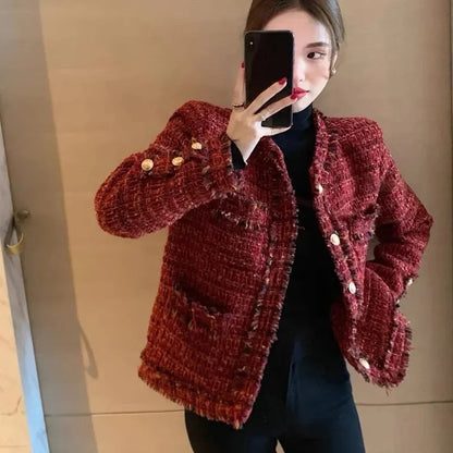 New Autumn Jacket French High end Temperament Red Fragrant Coat Women Short Thick Tweed Outwear Female Cropped Jacket Tops