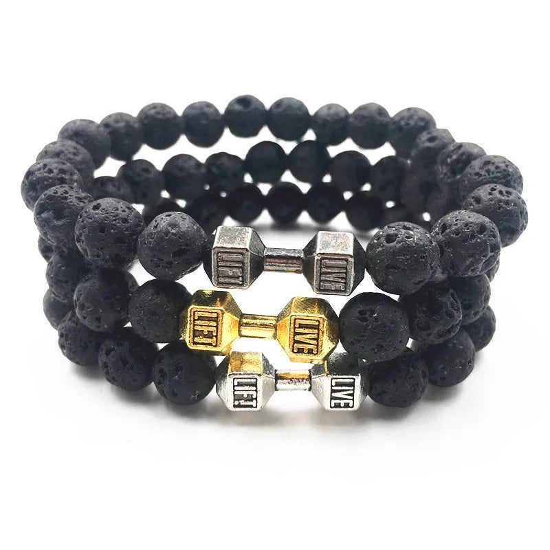 Natural Black Volcanic Lava Stone Dumbbell Bracelet black Matte Beads Bracelets For Women Men Fitness Barbell Jewelry Pulseras