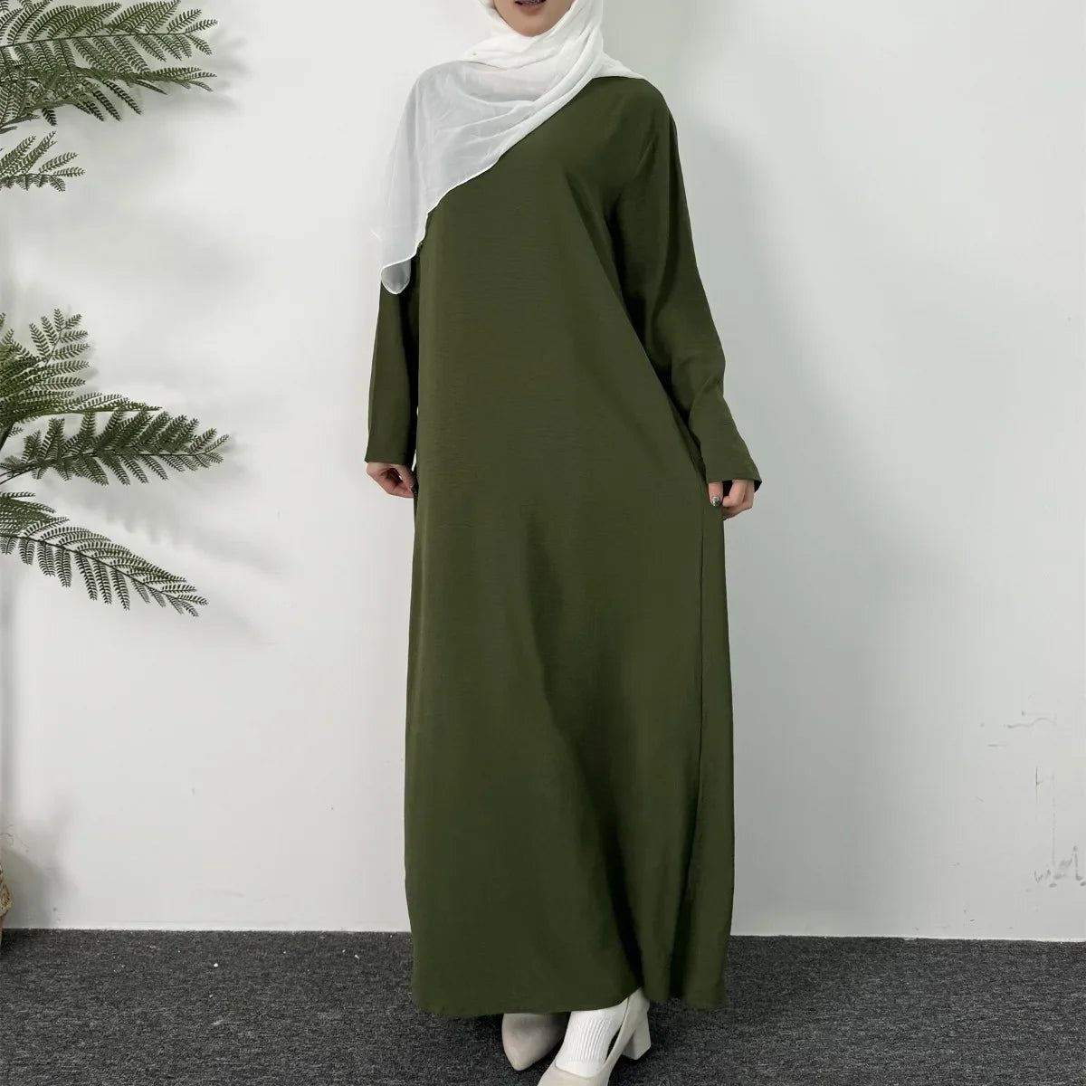 Women Long Dresses Ramadan Crew Neck Kaftan, Solid Elegant Long Sleeve Muslim Abaya Loose Maxi Dress, Women's Clothing