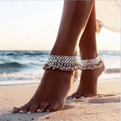 Vintage Ethnic Silver Tassel Bell Anklet - Beach Foot Bracelet, Bohemian India Jewelry Accessories