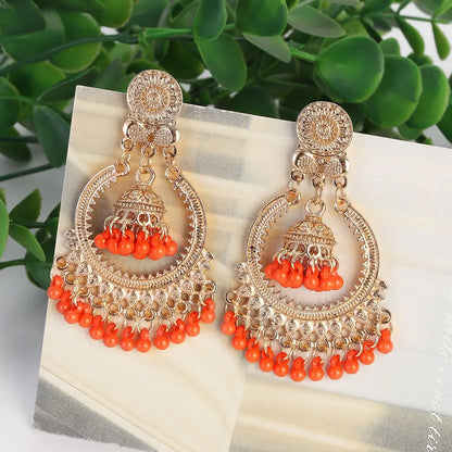 Classic Vintage Gold Round Dangle Earrings for Women - Bohemian Flower Bells, Pearl Tassel Jhumka