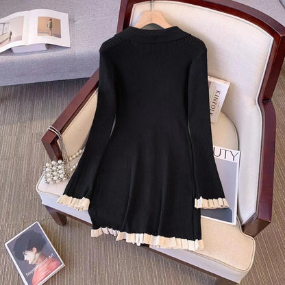 Autumn Winter French Fashion Old Money Long Sleeve Knit Dress Women 2000s V-Neck Frock Mini One-Piece Vintage Coquette Elegant