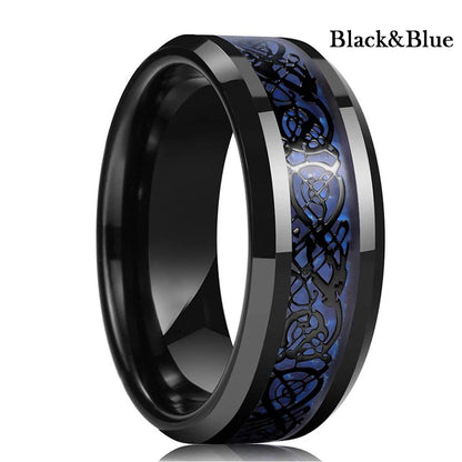 10 Colors 8mm Men's Stainless Steel Celtic Dragon Ring Inlay Red Green Black Carbon Fiber ring Wedding Band Jewelry Size 6-13