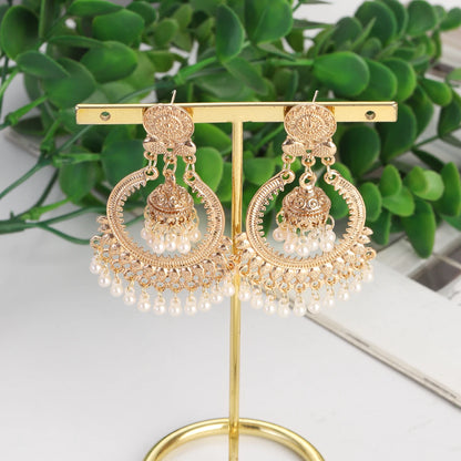 Classic Vintage Gold Round Dangle Earrings for Women - Bohemian Flower Bells, Pearl Tassel Jhumka