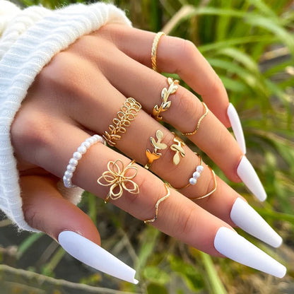 Bohemian Wave Flower Rings Set For Women Vintage Geometric Pearl Butterfly Metal Chain Knuckle Rings 2024 Trendy Jewelry Gift