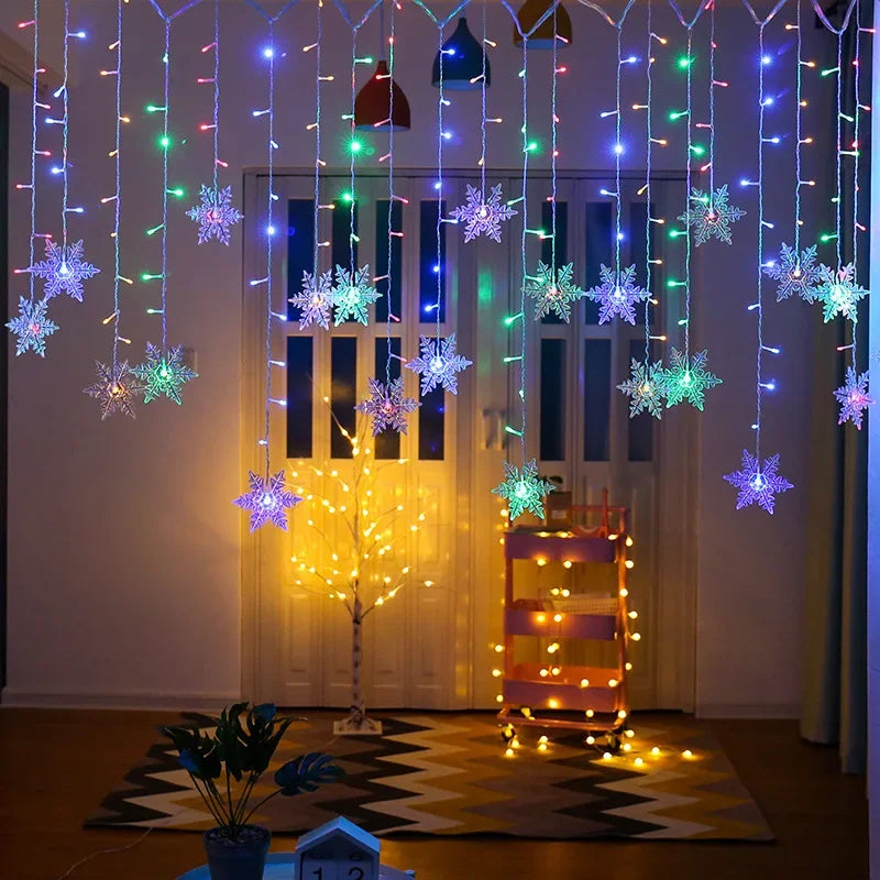 Christmas Decorations 2024 Snowflake Window Curtain Garlands Led Icicle Fairy Lights Flashing 8 Modes EU-Plug New Year