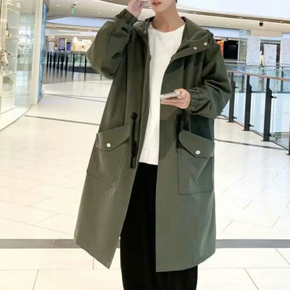 Zippered Long-sleeve Coat for Men Streetwear Men's Trench Coat with Hood Mid-length Big Pockets Windproof Anti-wrinkle Zipper