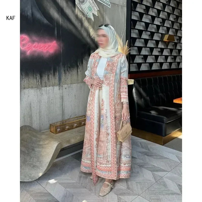 Autumn Women's Long Coat, Retro Printed Long Sleeved Muslim Abaya Saudi Fashion Wrinkled Waist Belt