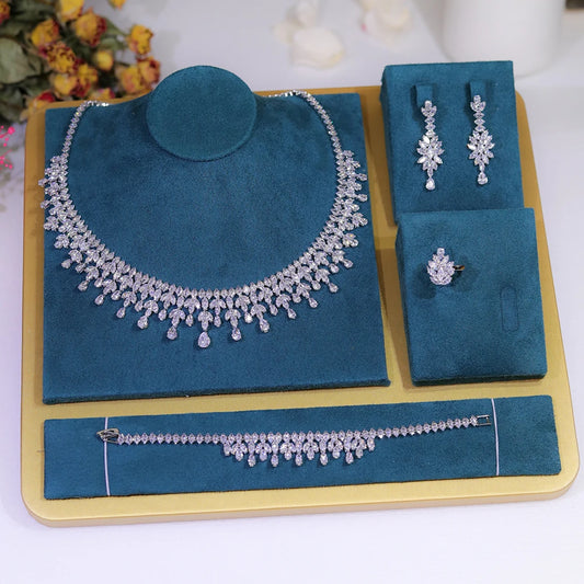 Leaf Design Bridal Necklace and Earring Set - 5A Cubic Zirconia