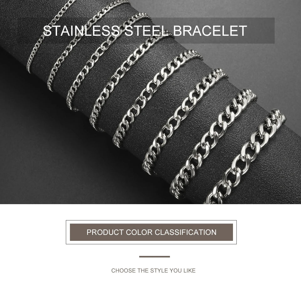 Fashion Cuban Chain Men Bracelet Stainless Steel 3/5/7/9mm Width Chain Bracelets Figaro Chain Boy Wrist Jewelry Couple