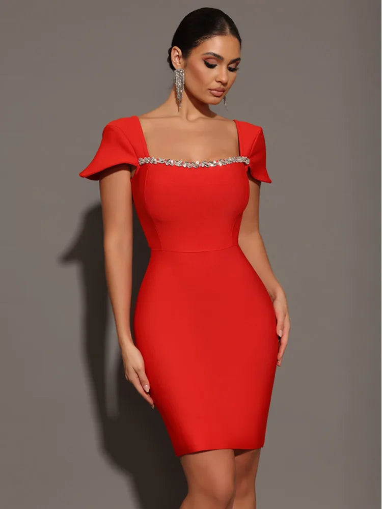 Women Celebrity Sexy Square Collar Black Red Mini Bodycon Bandage Dress 2024 Knitted Elegant Evening Club Party Outfit